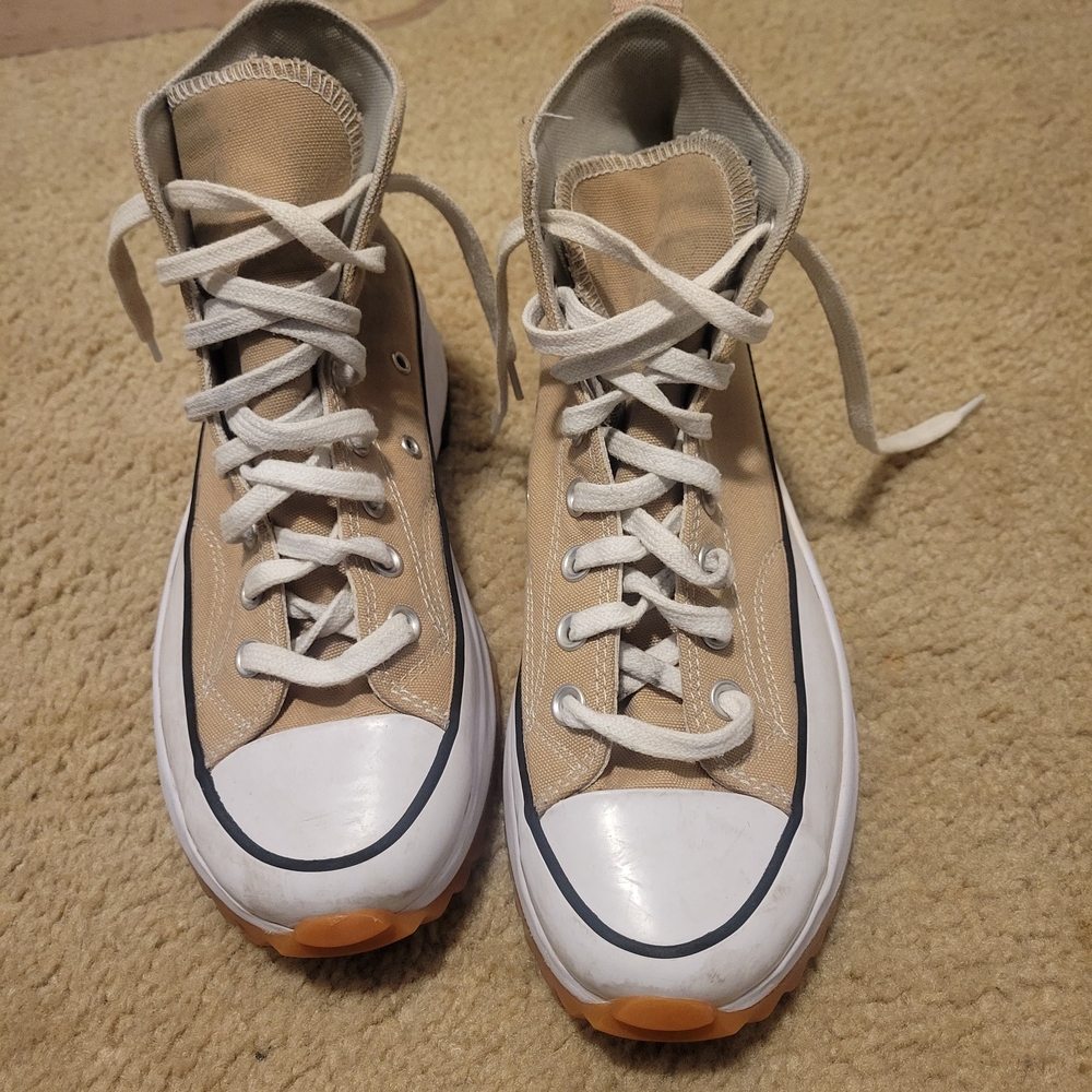 Beige High-Top Canvas Sneakers with White Toe and Orange Accents